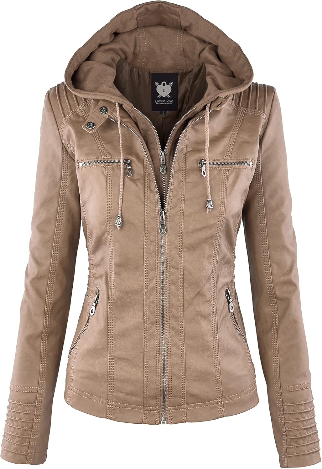 Stylish Faux Leather Moto Biker Jacket with Removable Hood