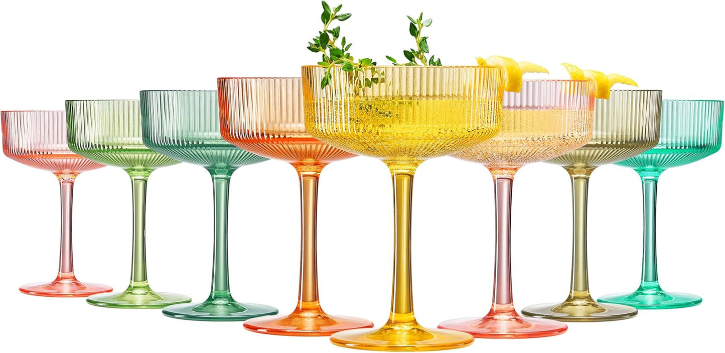 Acrylic Ribbed Vintage Art Deco Coupe Glasses Set of 8