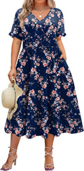 Plus Size Short Sleeve Midi Dress V-Neck Tiered Aline - Flowy Casual
