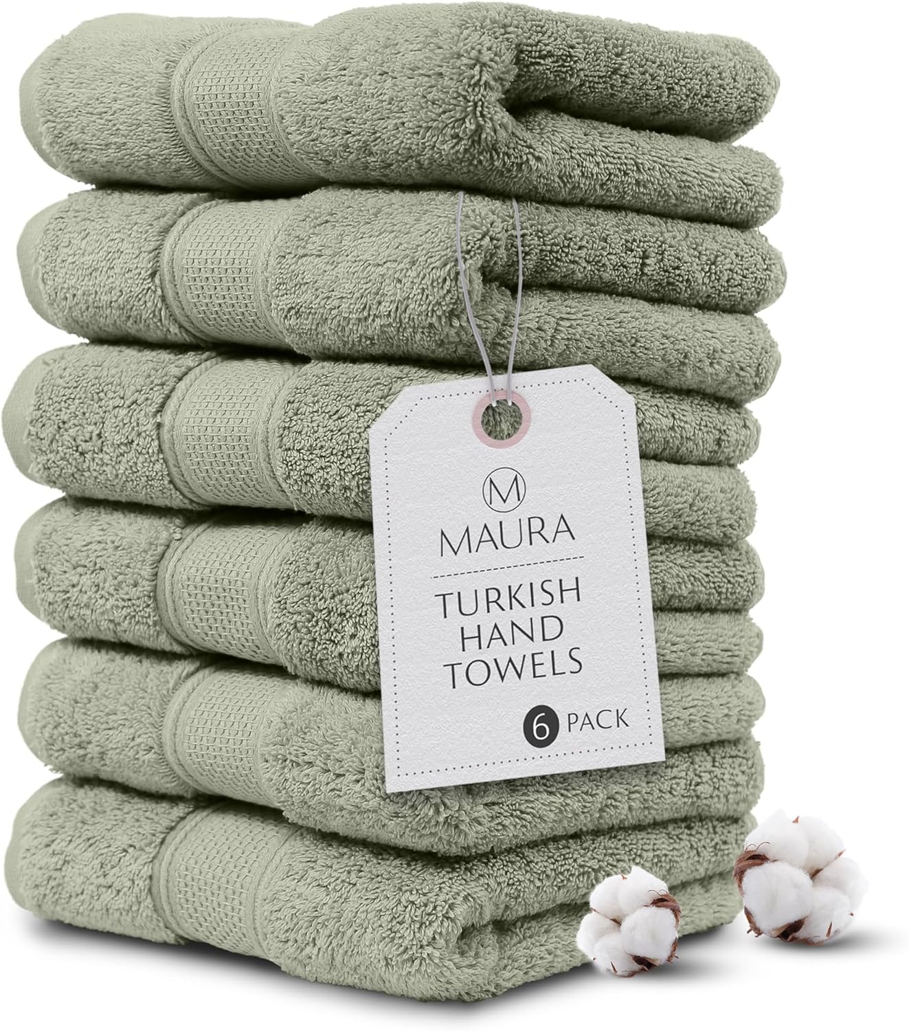 Luxury Turkish Cotton Hand Towels Set of 6 in Sage Green