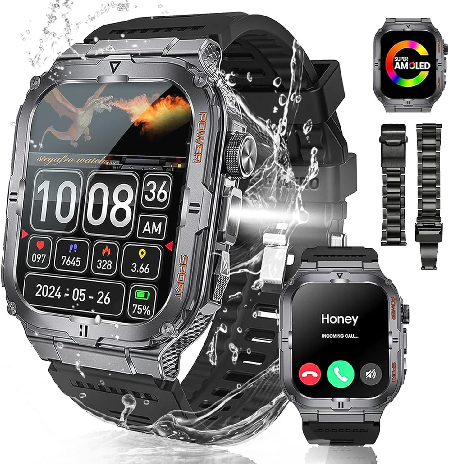 LAKEYLOYI Rugged Military Smartwatch - LED Flashlight