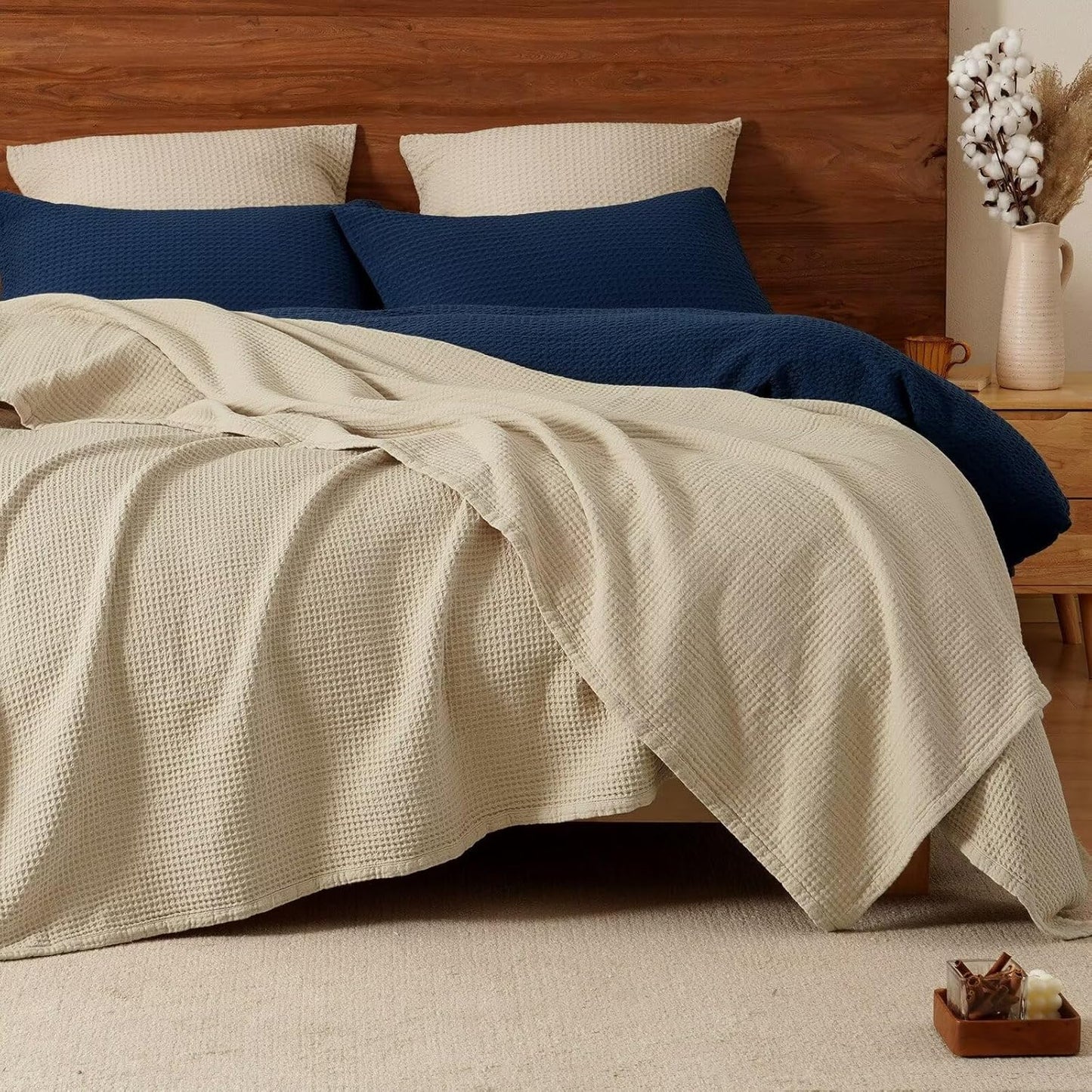 PHF 100% Cotton Waffle Muslin Blanket for Cozy Home Decor