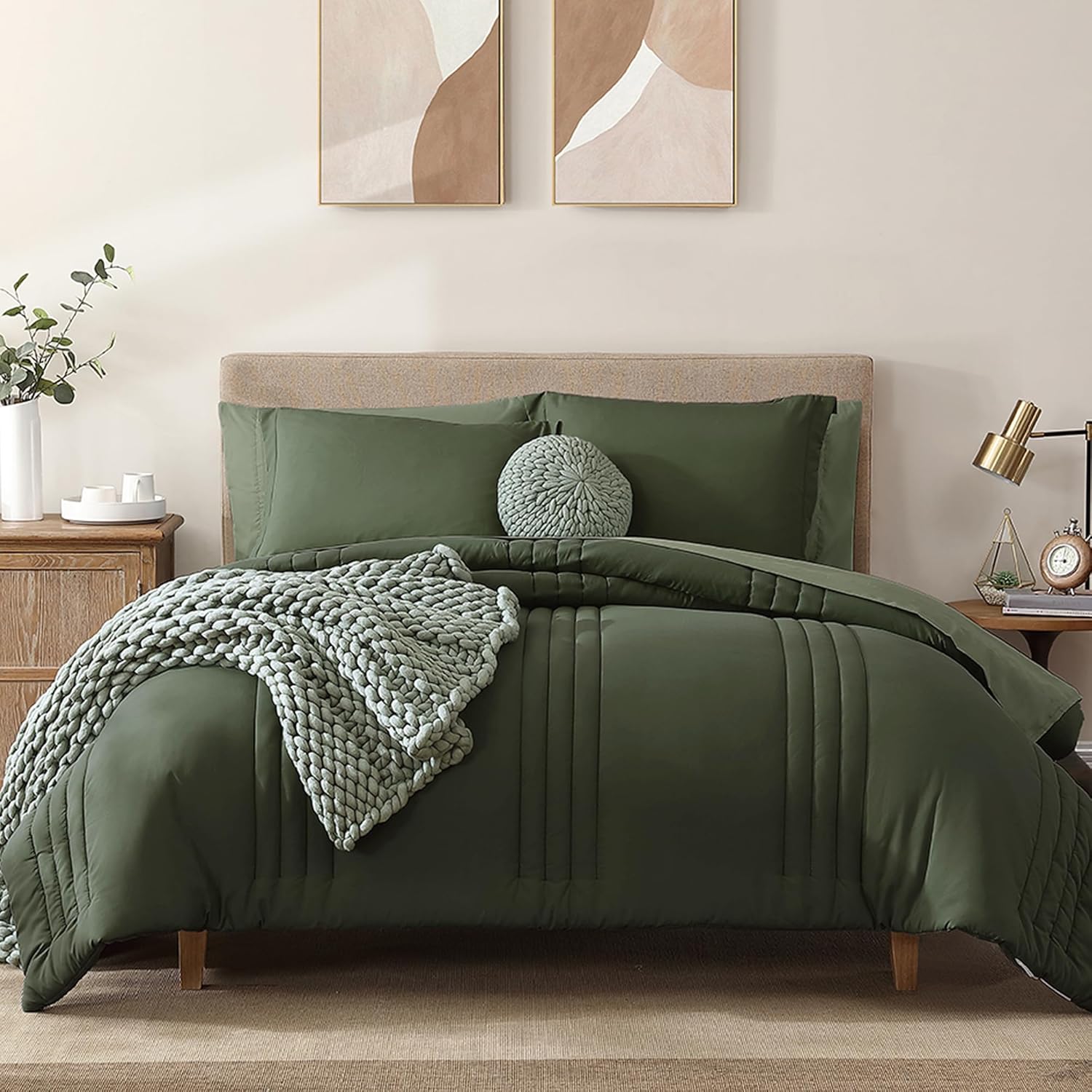 Monbix Full Comforter Set - 7 Pieces Olive Green Bedding