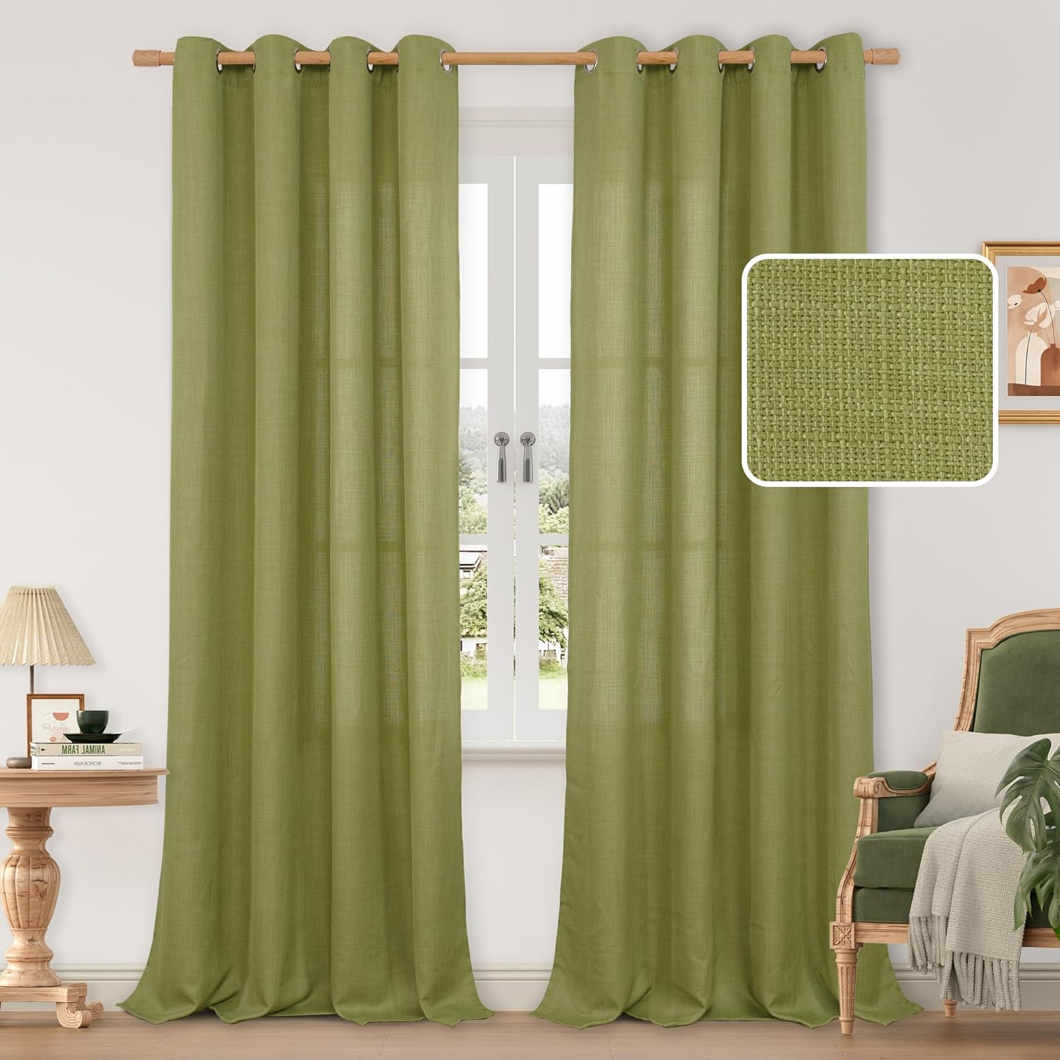 LAMIT Olive Green Linen Curtains for Living Room 84 Inch Long