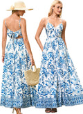 Women Summer Floral Maxi Sundress with Bow Tie Back - Flowy V Neck
