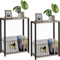 Narrow Side Tables Set of 2 with Magazine Holder - Space-Saving Greige