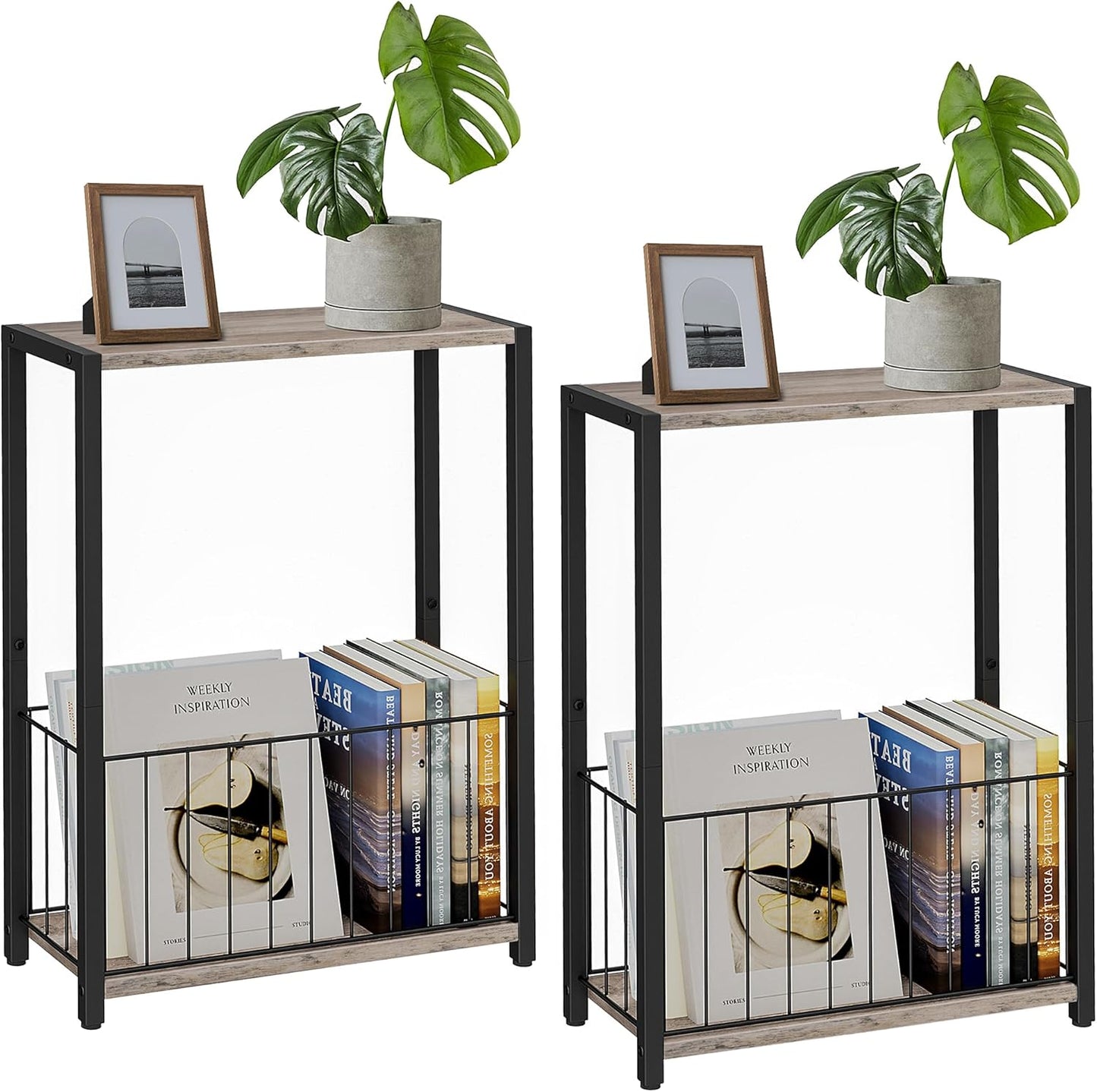 Narrow Side Tables Set of 2 with Magazine Holder for Small Spaces