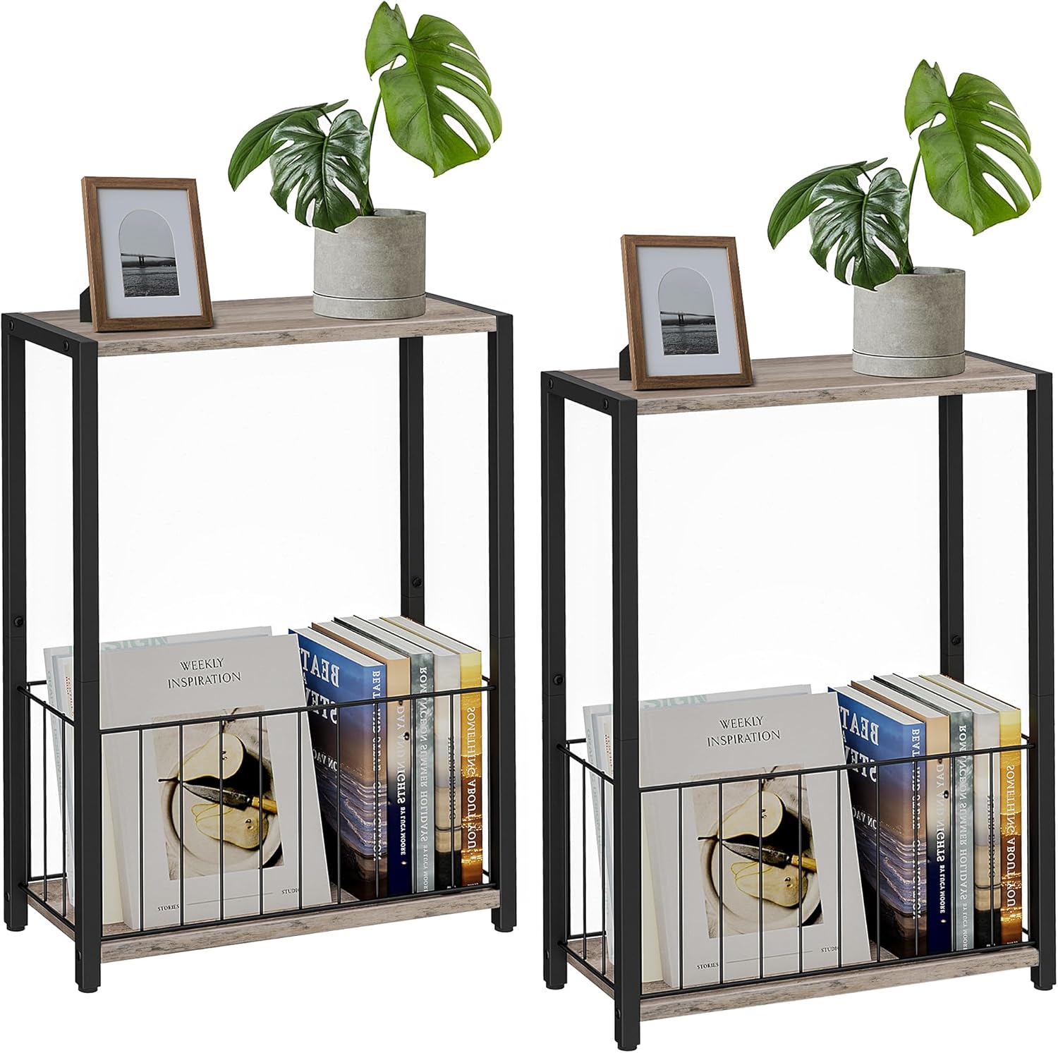 Narrow Side Tables Set of 2 with Magazine Holder for Small Spaces