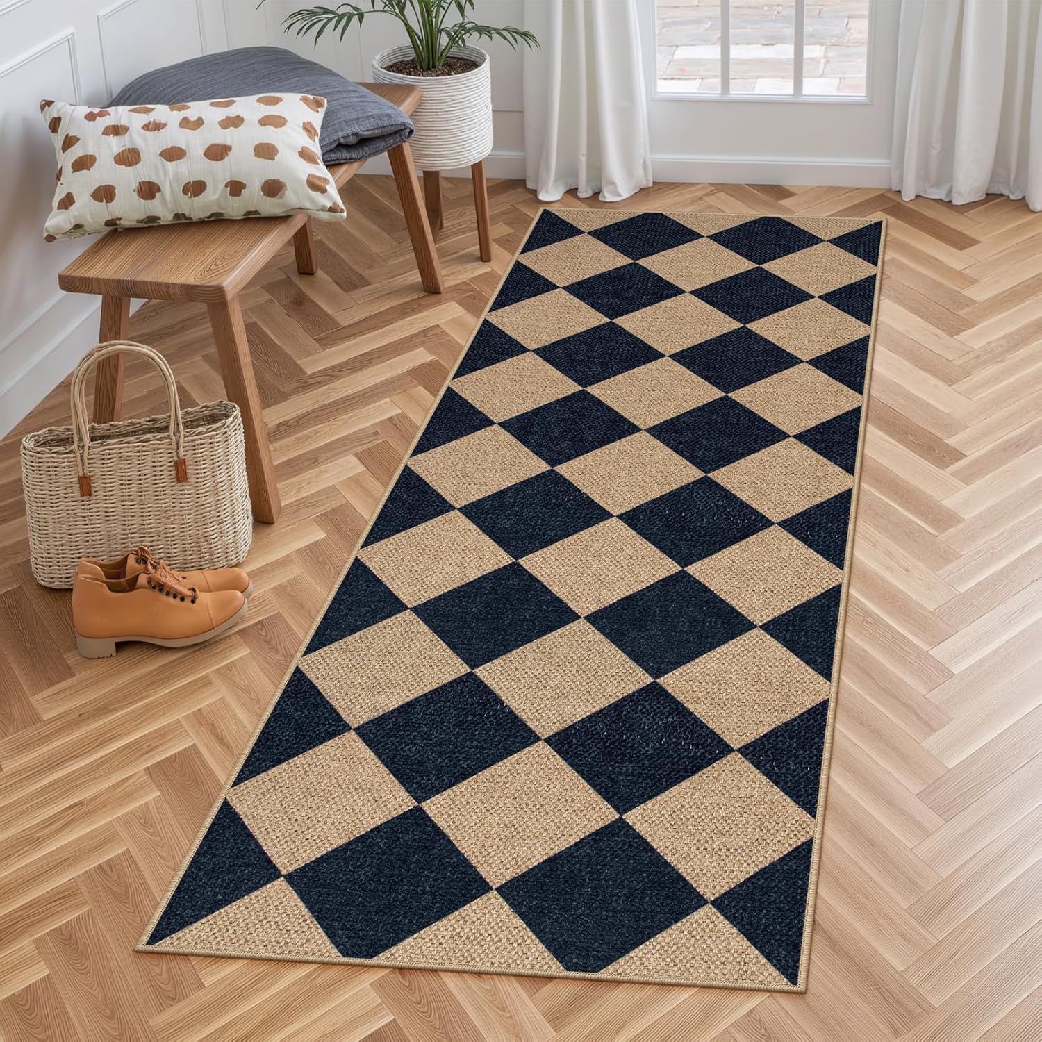 Lahome Checkered Easy Jute Runner Rug for Indoor Outdoor Use