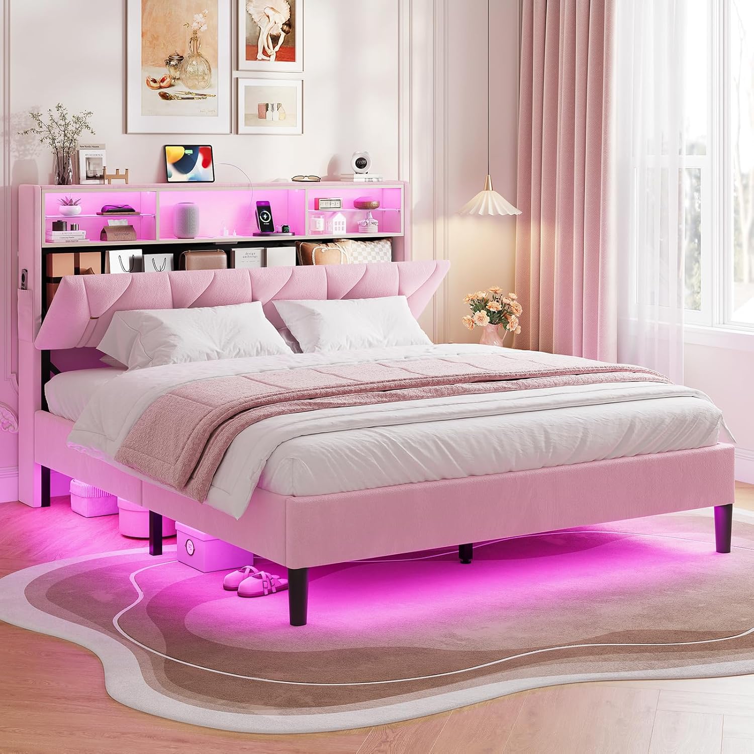 Queen Bed Frame with Storage Headboard and LED Lighting