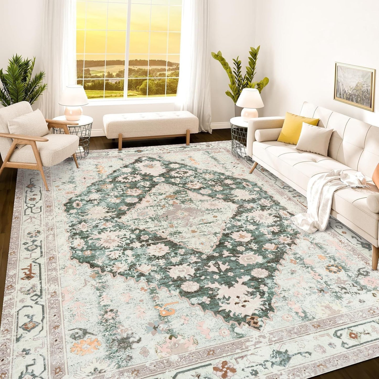 Istana 8x10 Area Rug - Light Green/Beige Washable Rug