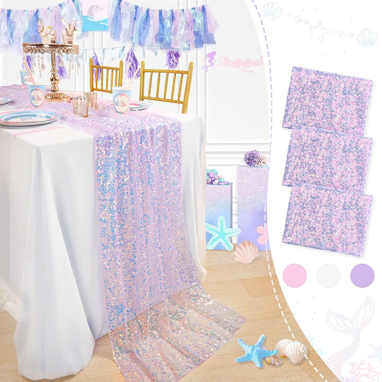 3 Packs Mermaid Party Table Runner for Stunning Decorations