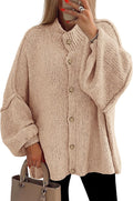 Womens Chunky Knit Mock Neck Button Down Cardigan - Oversized Fit