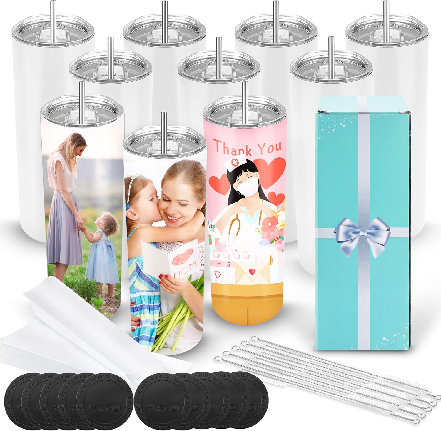 20 oz Skinny Sublimation Tumblers 10 Pack for DIY Crafting