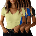 Women V Neck Cotton T-Shirts 3 Pack - Slim Ribbed Summer Tees