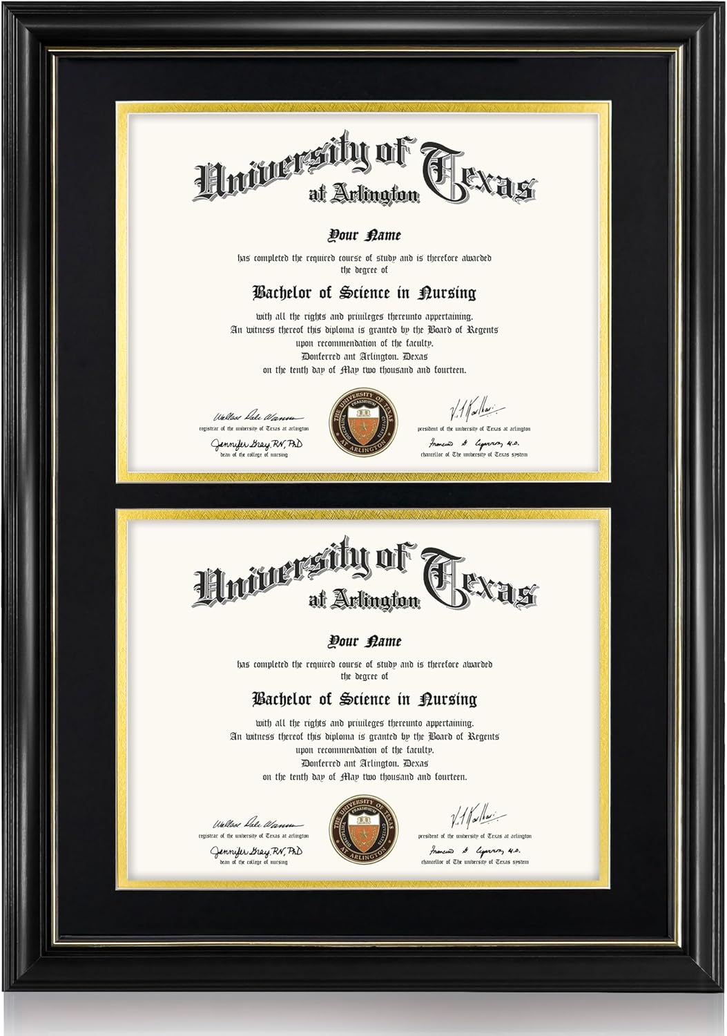 Double 8.5x11 Diploma Frame with UV Protection and Gold Trim