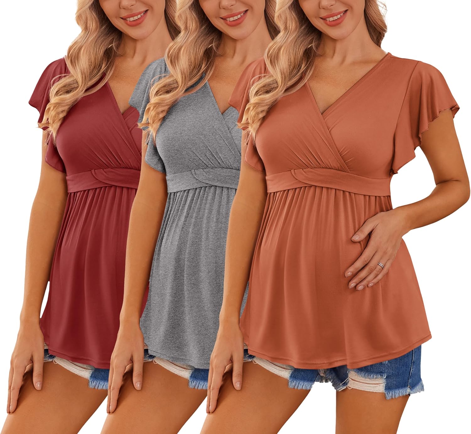 Ekouaer Maternity Shirts 3 Packs Stylish Nursing Tops for Moms