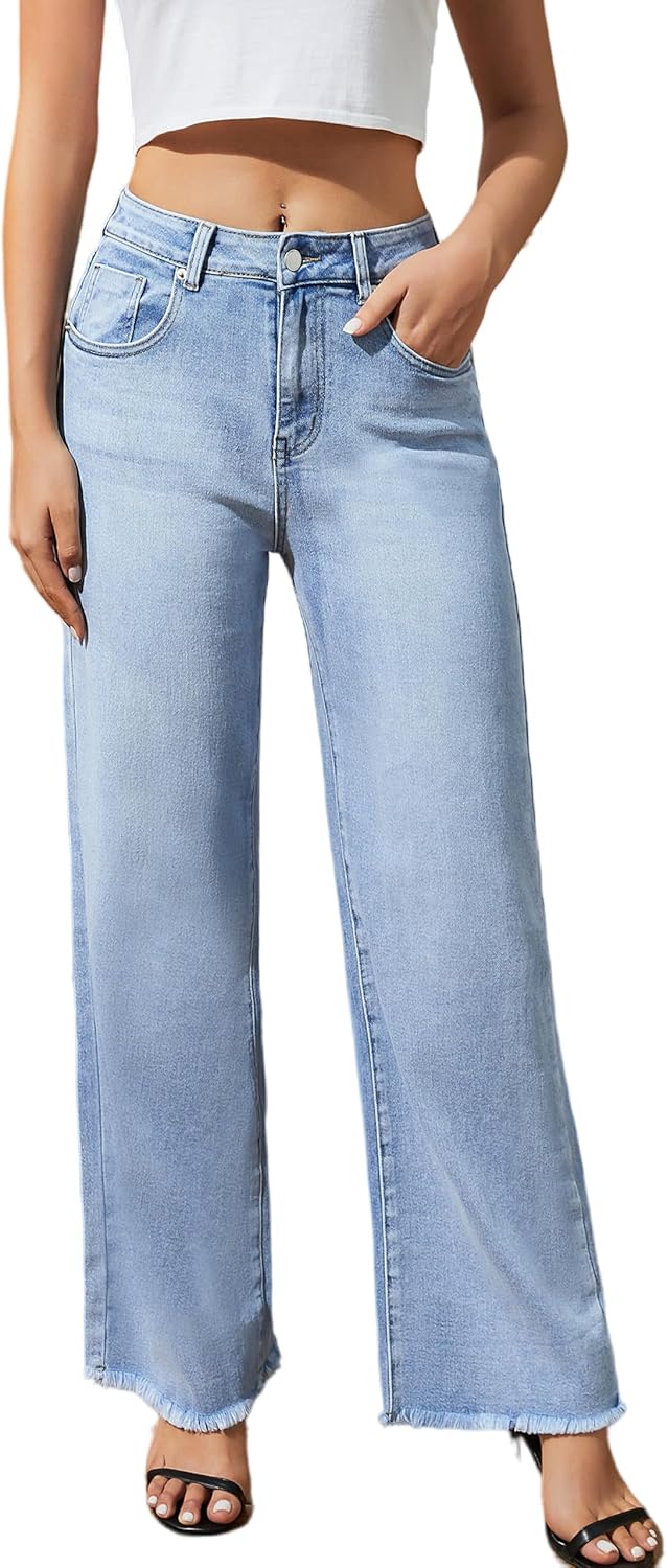 Women's High Waisted Wide Leg Jeans with Raw Hem for Comfort