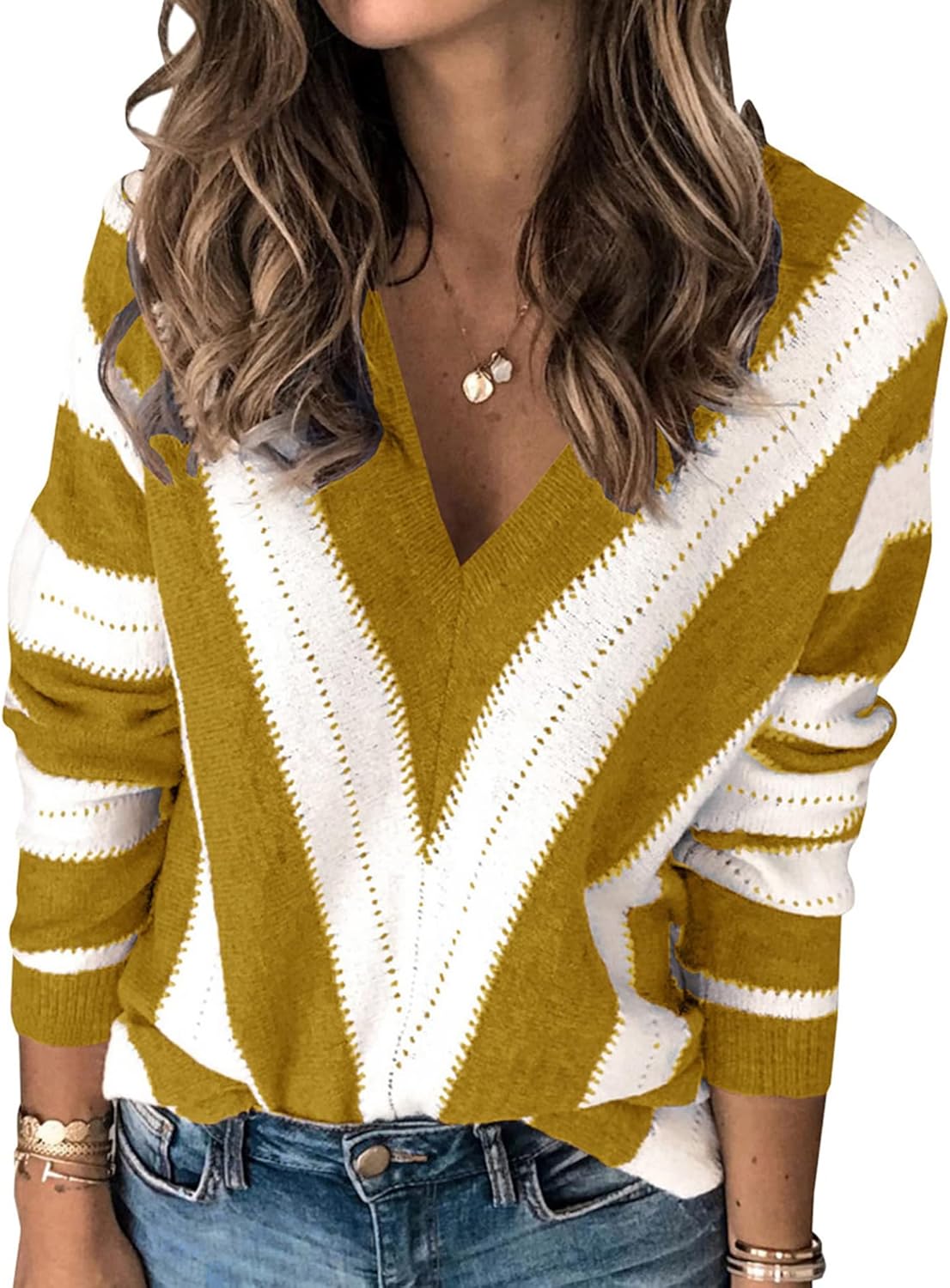 PRETTYGARDEN Long Sleeve Striped Knitted V Neck Pullover Tops