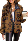 Women Cozy Fleece Jacket Western Aztec Print Snap-Button Coat