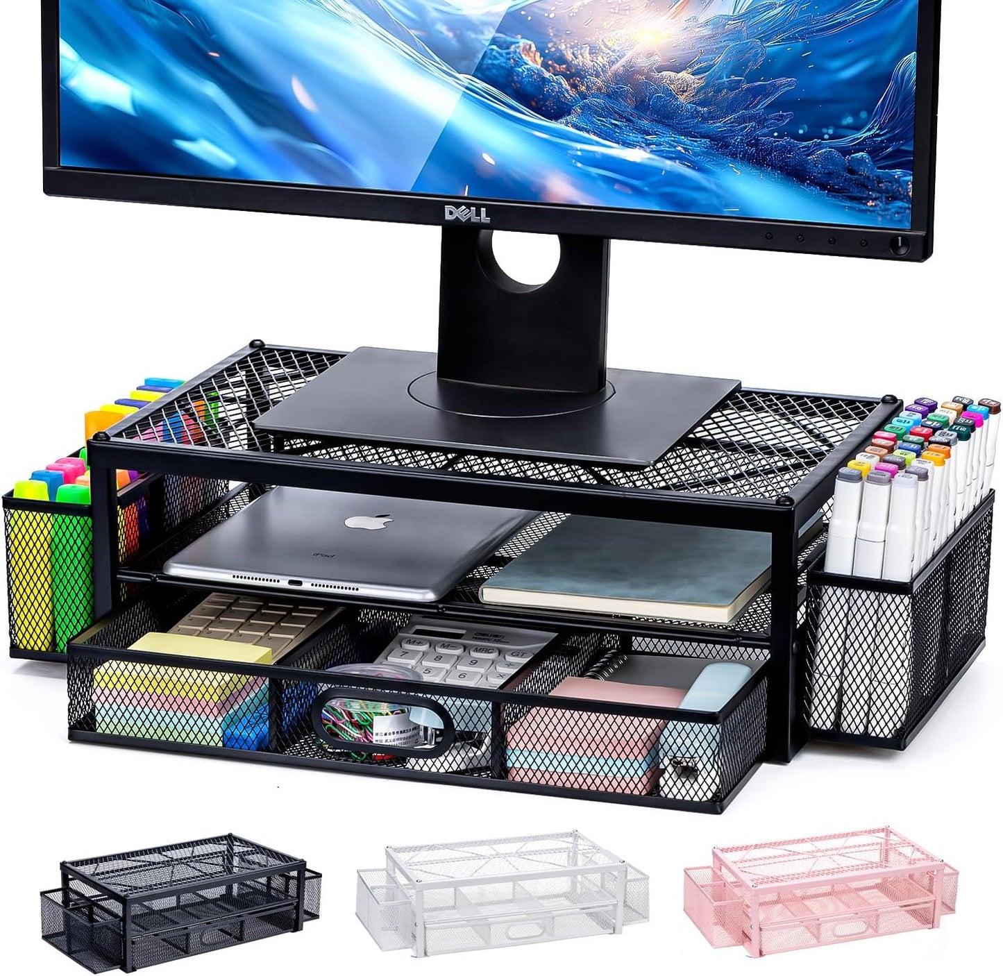 Space-Saving Monitor Stand with Drawer & Pen Holders