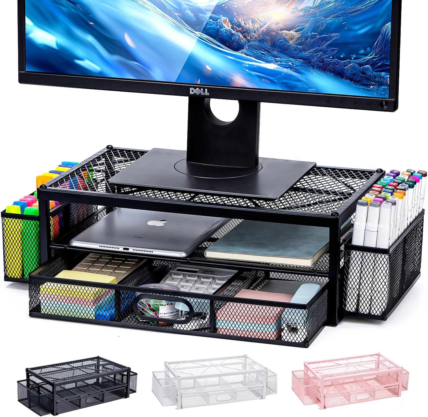 Space-Saving Monitor Stand with Drawer & Pen Holders