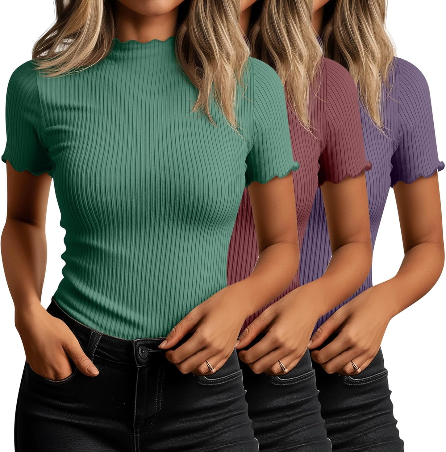 Huukeay Women's Mock Turtleneck Short Sleeve Tops 3 Pack