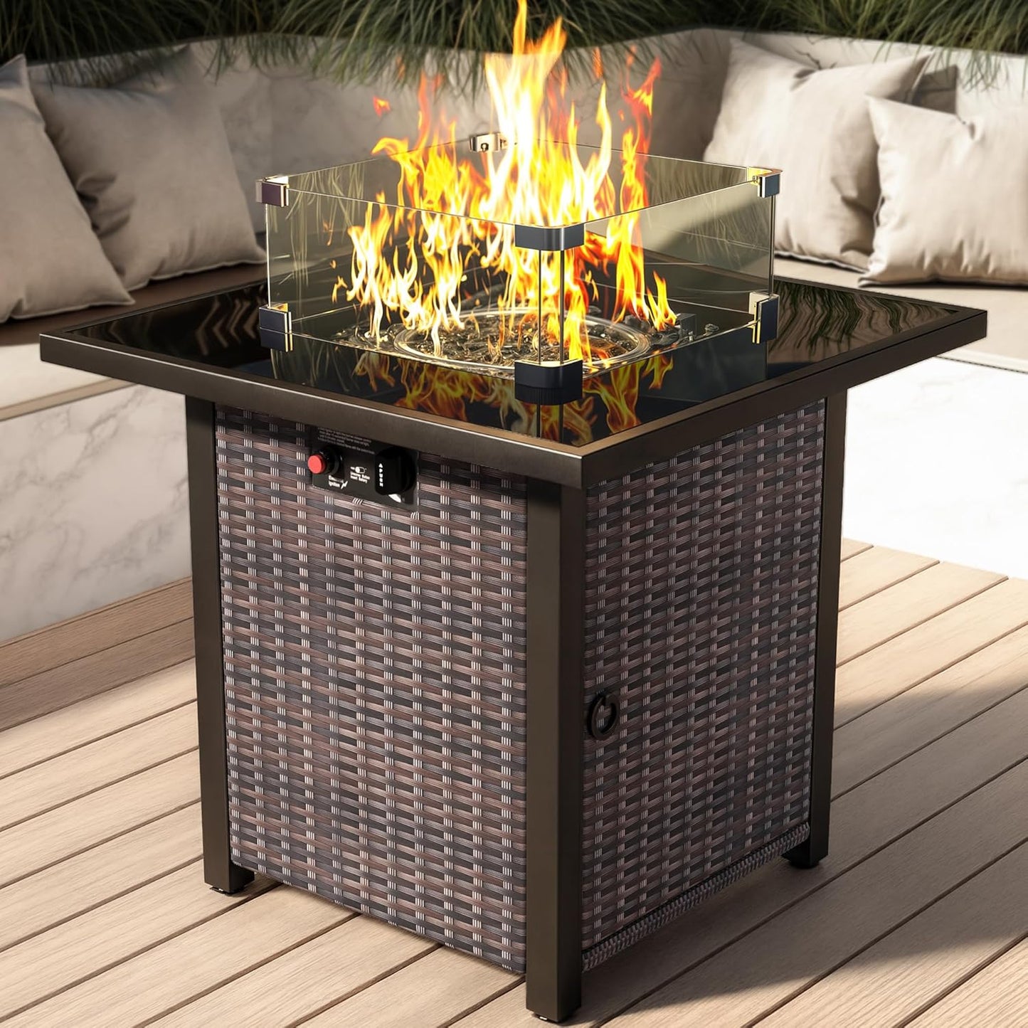28in Rattan Square Fire Pit Table with Glass Wind Guard