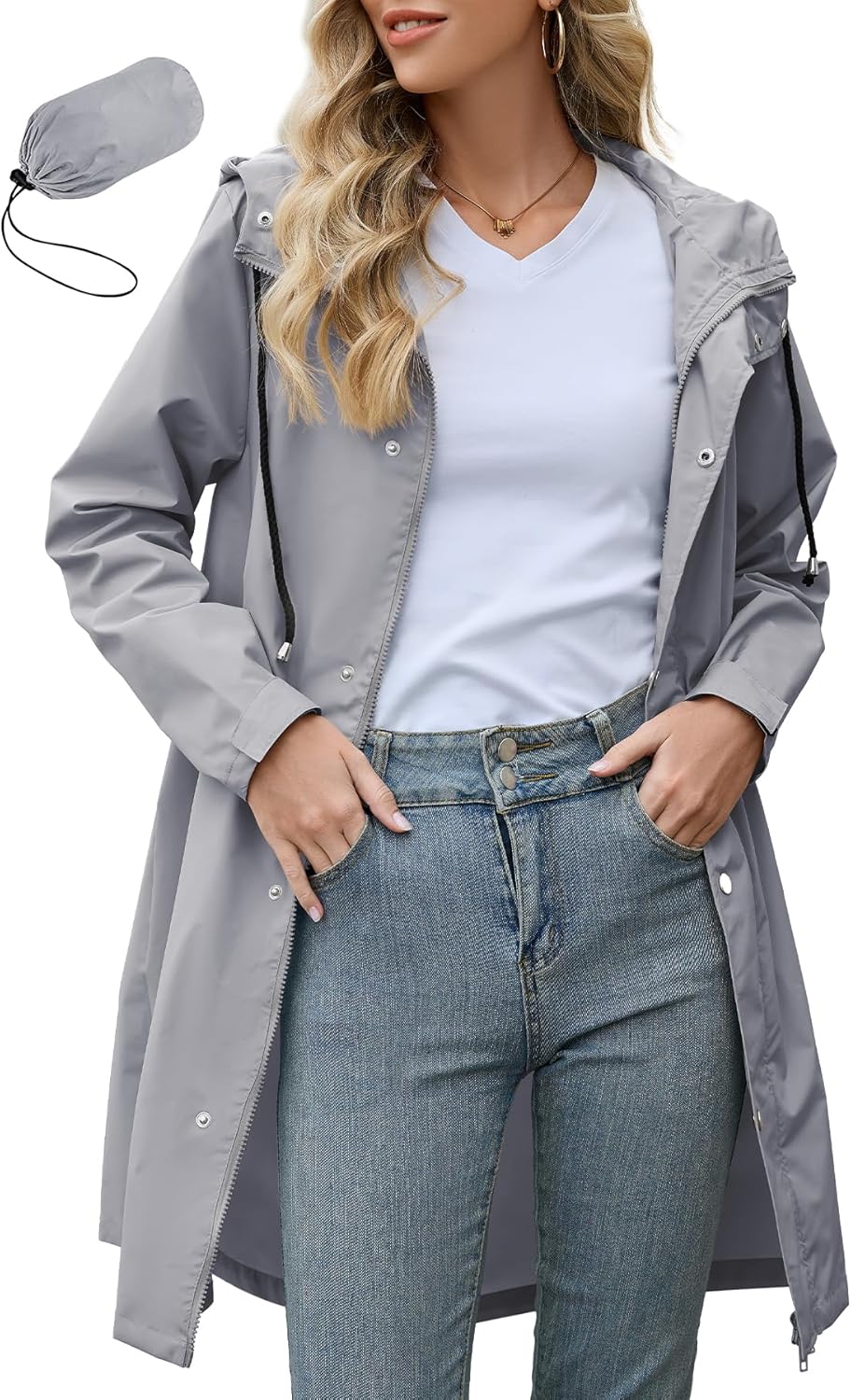 Zando Long Packable Rain Jacket for Women - Waterproof Windbreaker