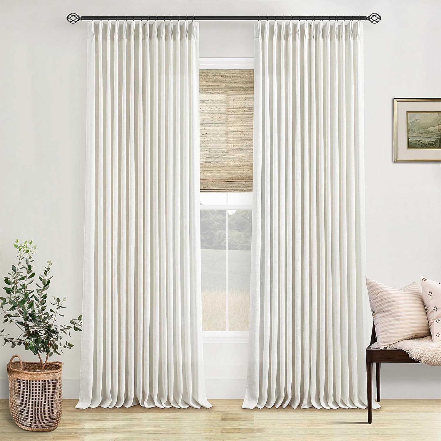 Pinch Pleated Linen Curtains 108 Inches Long for Living Room