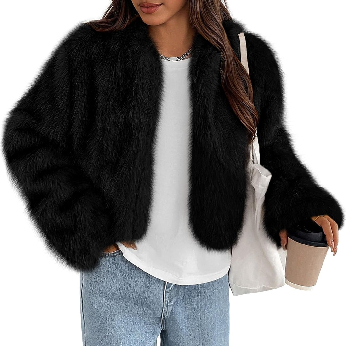 PRETTYGARDEN Womens Fluffy Cropped Faux Fur Jacket for Winter