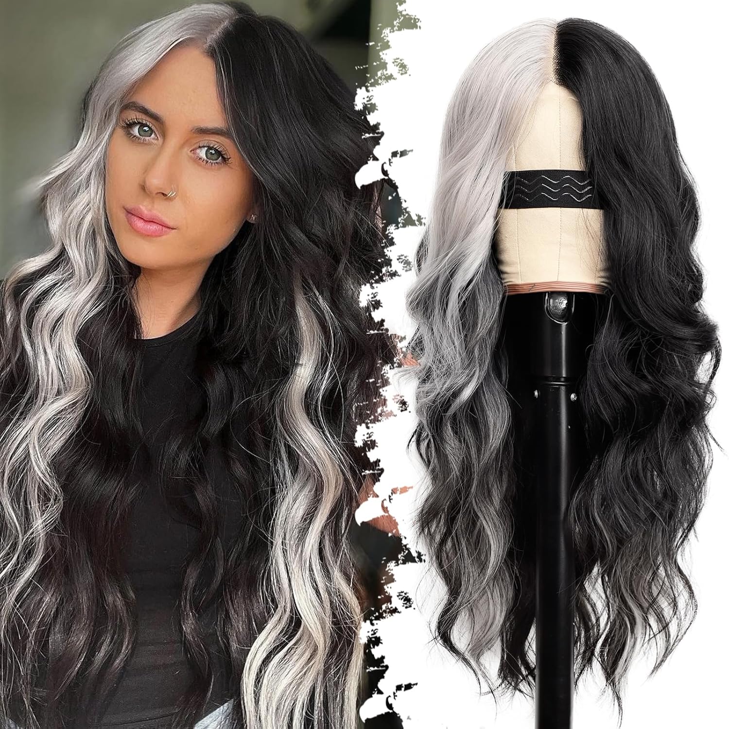 Fade Black White Long Wavy Wig for Women - 26 Inch Style
