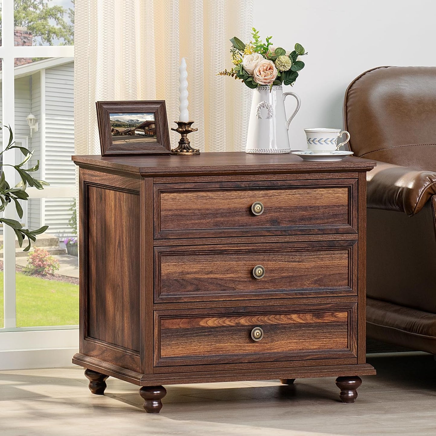 Farmhouse Night Stand with 3 Drawers for Bedroom & Living Room