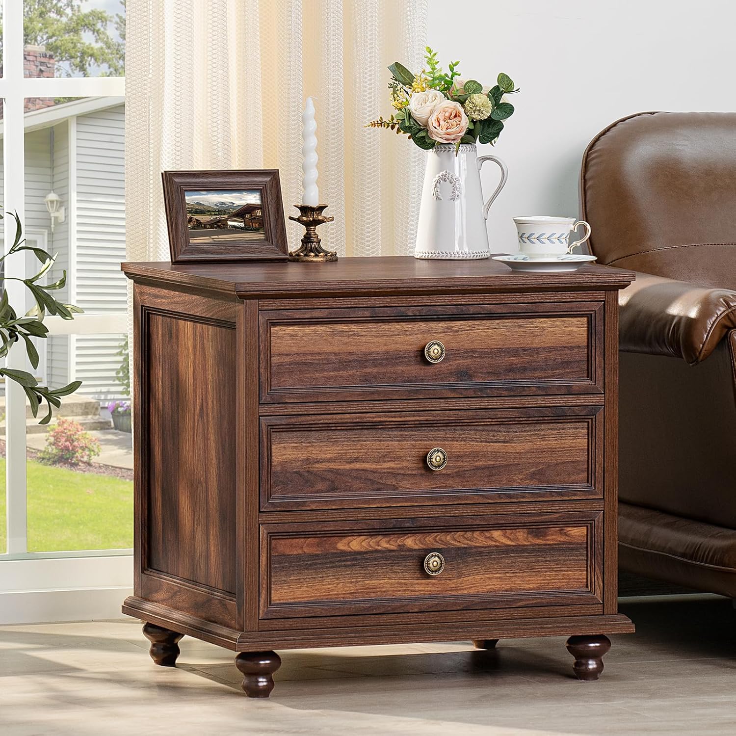 Farmhouse Night Stand with 3 Drawers for Bedroom & Living Room