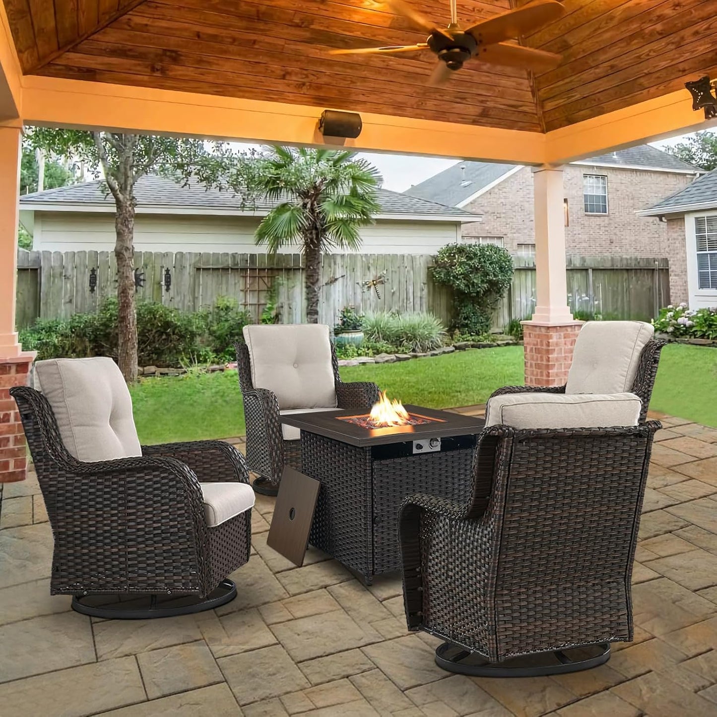 5 Piece Patio Wicker Furniture Set with Swivel Rocker Chairs