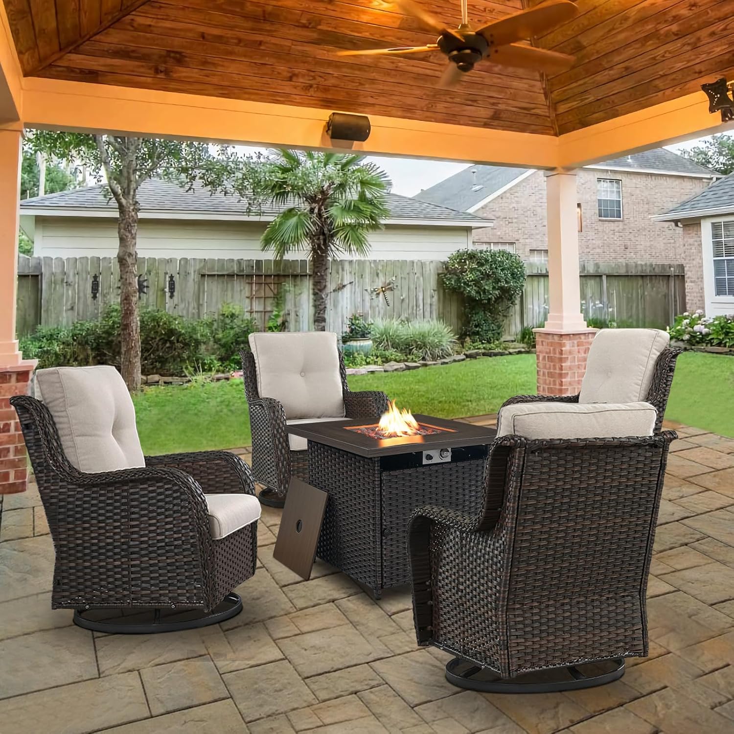 5 Piece Patio Wicker Furniture Set with Swivel Rocker Chairs