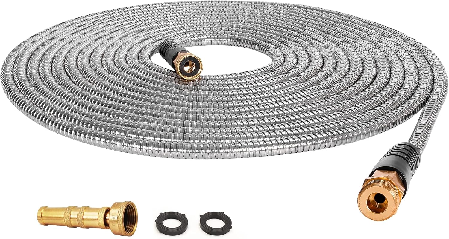 Durable 75ft Metal Garden Hose with Brass Nozzle for Outdoors