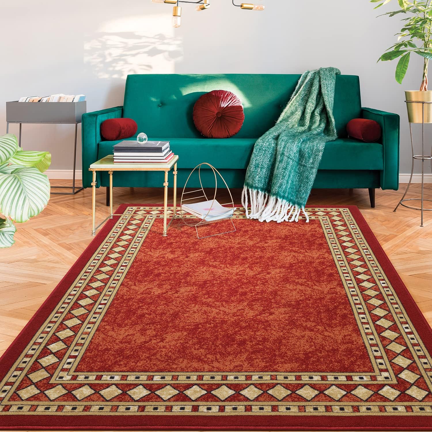 Antep Rugs Modern Bordered 5x7 Non-Skid Area Rug in Maroon