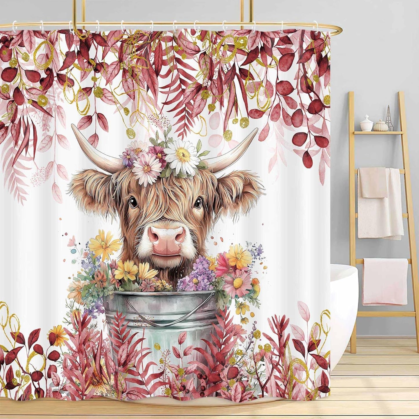 Farmhouse Botanical Shower Curtain, Highland Cow Design, 72X72in