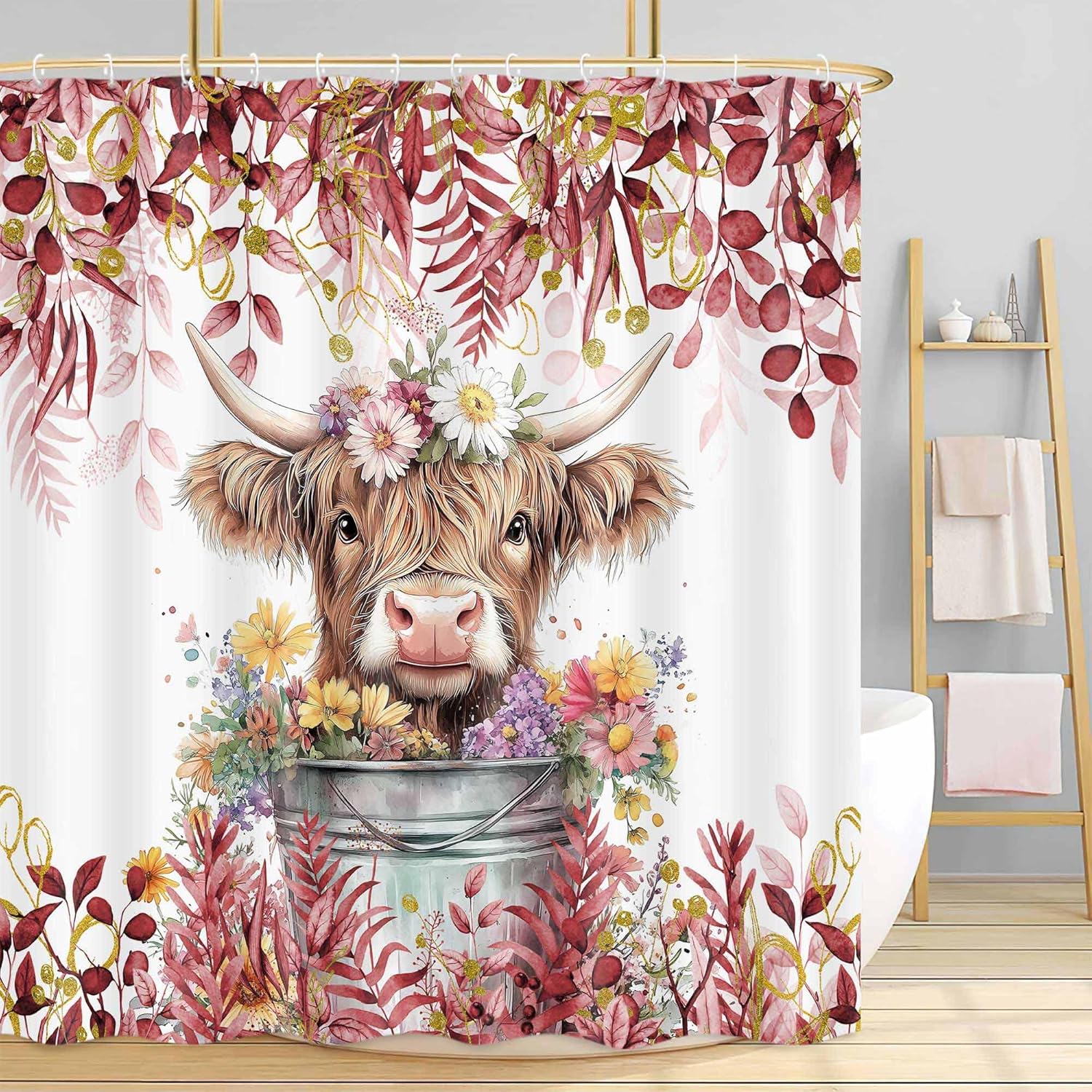 Farmhouse Botanical Shower Curtain, Highland Cow Design, 72X72in