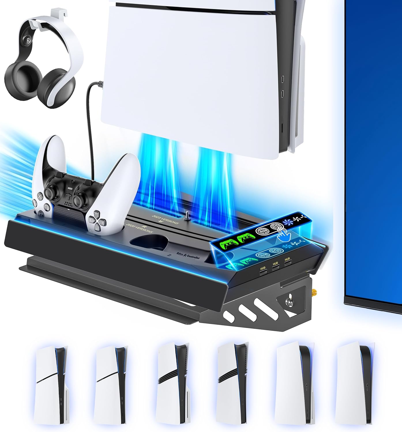 PS5 Wall Mount Kit with Charging Station and Cooling Fan