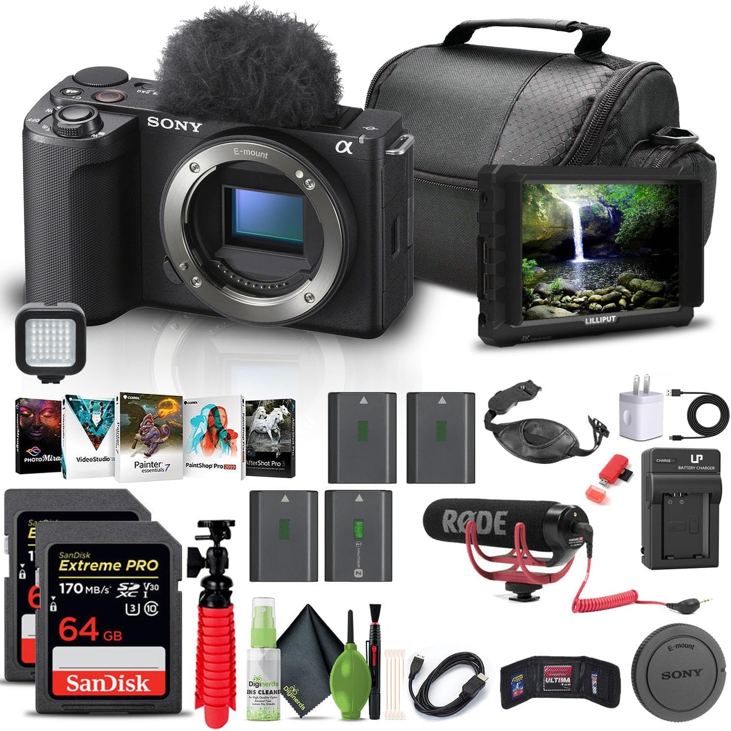 Sony ZV-E10 II Camera Bundle: 4K Monitor, Pro Mic, 128GB Memory, Accessories