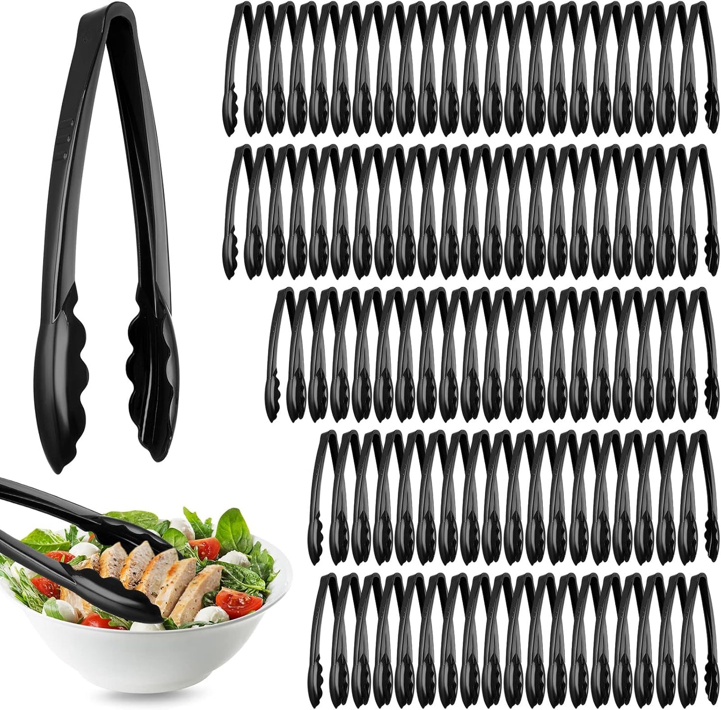 100 Pcs Plastic Tongs for Serving Bulk, 9 Inch Heavy Duty Utensils