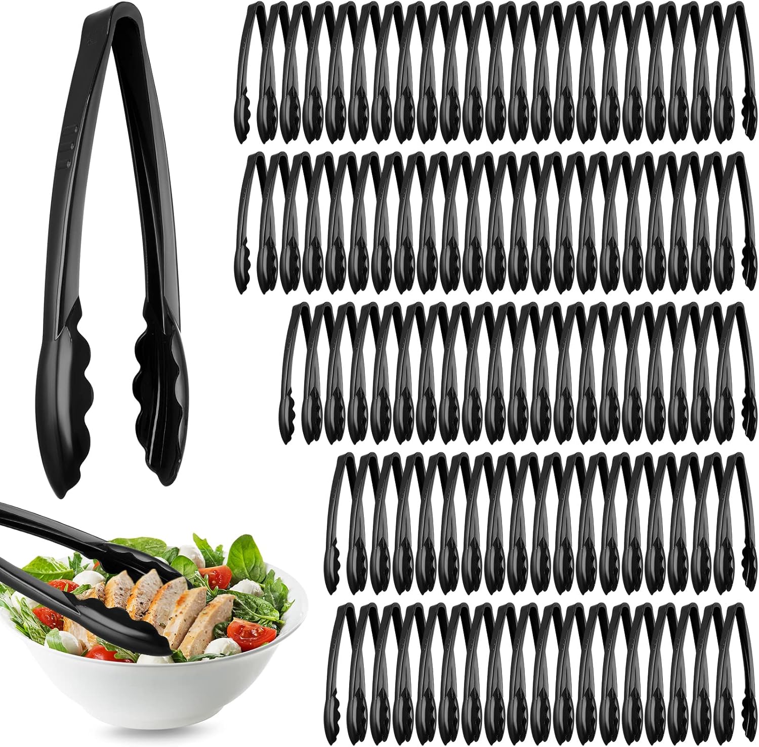100 Pcs Plastic Tongs for Serving Bulk, 9 Inch Heavy Duty Utensils