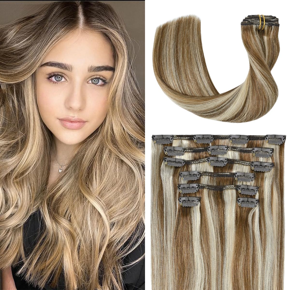 Clip In Extensions Real Human Hair Balayage Light Brown to Blonde