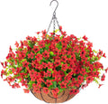 Artificial Hanging Red Flower Basket for Outdoor Decor - Real Look