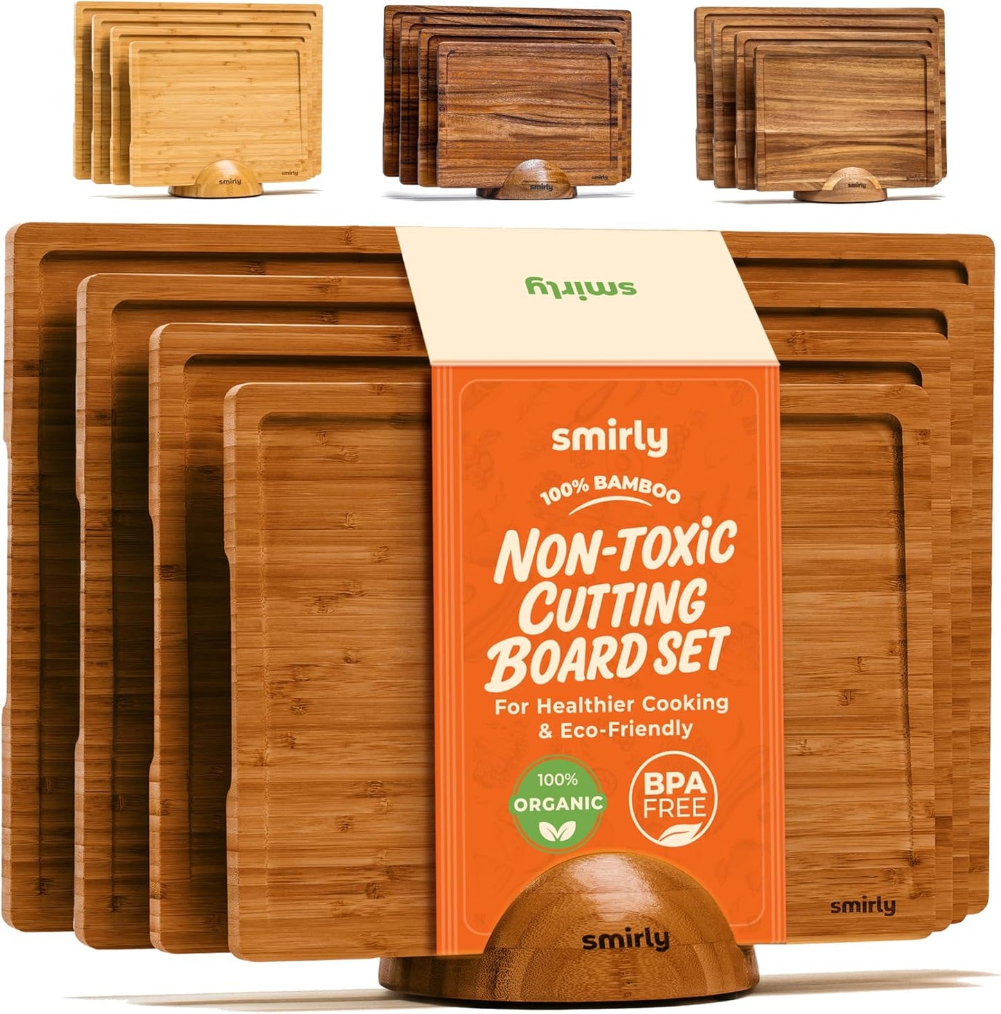 Bamboo Cutting Boards Set of 4 with Holder for Kitchen Use