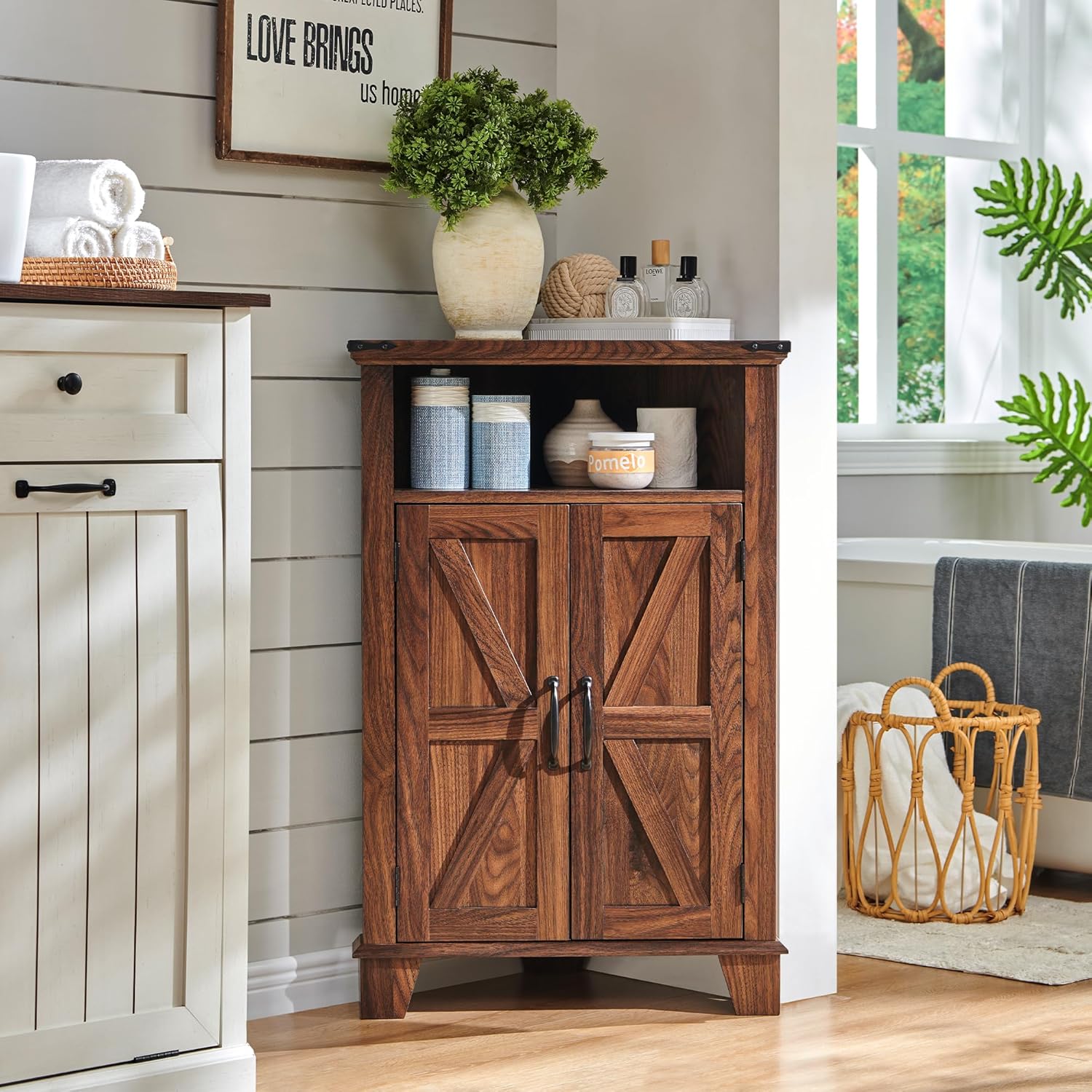 Corner Bathroom Cabinet with Barn Door & Adjustable Shelf for Storage