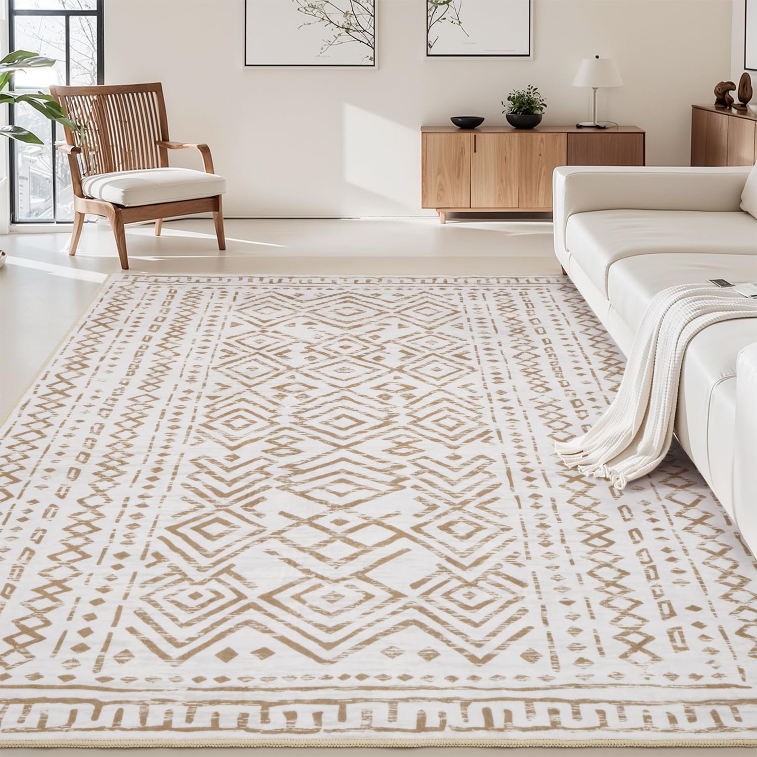 Plush Boho Washable Rug - Non-Slip Brown Beige