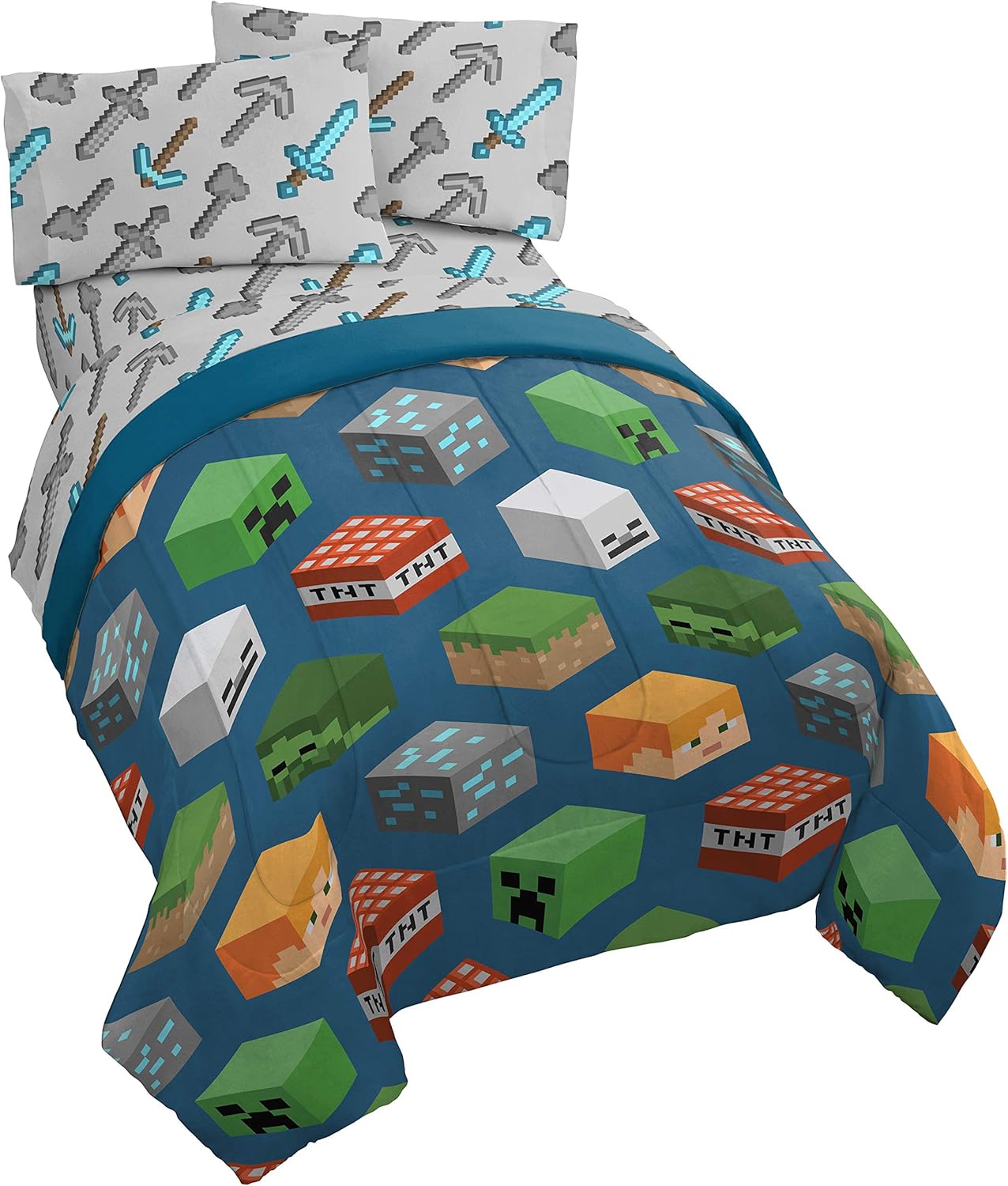 Minecraft Isometric Twin Bed Set with Comforter & Sheets
